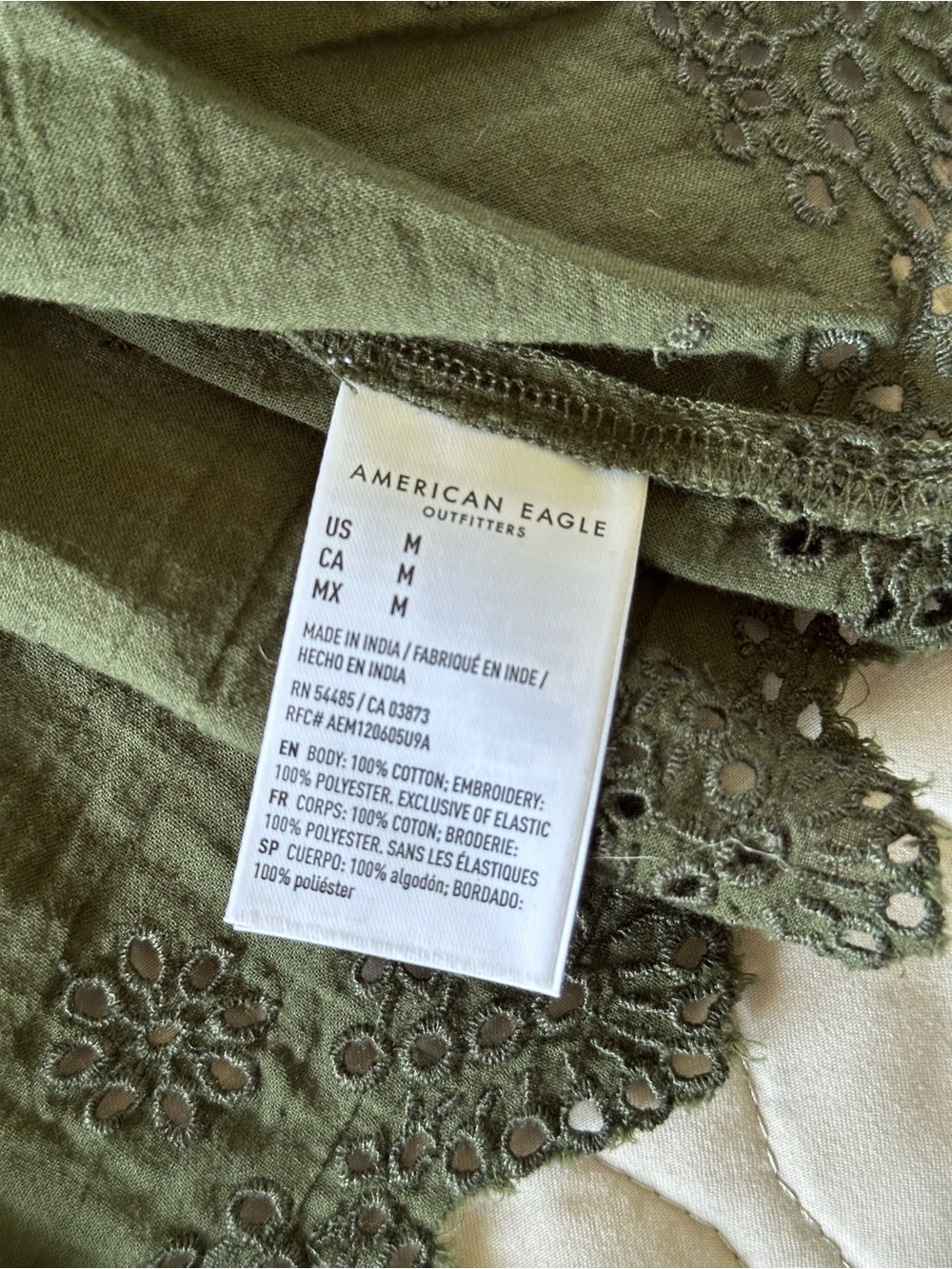 NWT American Eagle Olive Green Long Sleeve Eyelet Peplum Blouse Smocked Boho M - Picture 7 of 7
